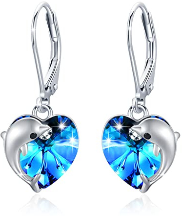 Boucles D'oreilles Dauphin en Argent Sterling 925 avec Cristal - Pendantes Coeur pour Fille, Maman, épouse - Bijoux Cadeau