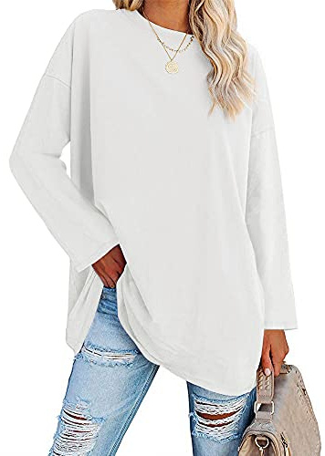 Ebifin Maglia Manica Lunga Donna Oversize T-Shirt Girocollo Maglietta Maglione Maglie Lunghe., Bianco, M