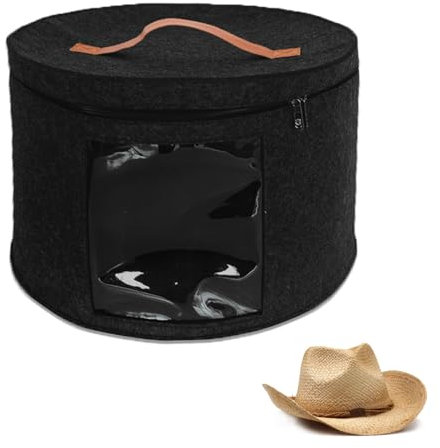 DYOUen Hat Boxes Hat Storage Box Felt Round Hat Box Foldable with Carry Handle and Clear Window for Wardrobe Organization, Travel,Dustproof (black)