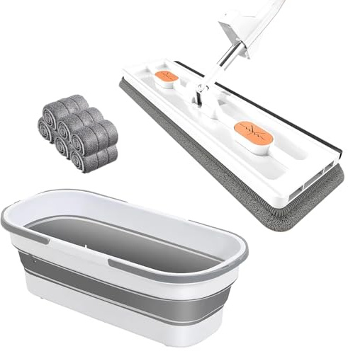 Grande scopa piatta, scopa magica a 360 gradi, scopa a parete autostrizzante per la pulizia del pavimento piatto, raschietto per la pulizia della scopa della finestra,Bianca,Mop+6 Pads+Bucket