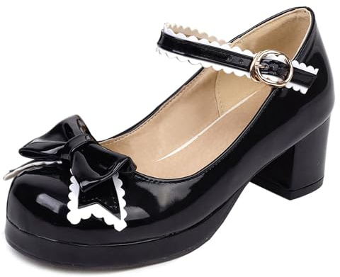 Damen Blockabsatz Mary Jane mit Plateau Bogen Mitte Absatz Schuhe Runde Zehen Schnalle Elegant Pumps, G28298Fd Schwarz Gr 46 EU/48Cn