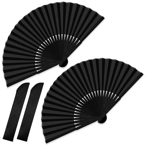 Hanyousheng 2 Pcs Folding Hand Fan, Black Handheld Folding Fan for Women Men, Chinese Imitation Silk Fabric Handheld Fan for Dancing Cosplay Wedding Party Home Decorations Birthday Gifts