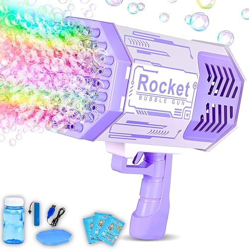 SGM 69-Hole Bazooka Bubble Gun with Lights & Bubble Solution, Big Bubble Blower Toy for Kids & Adults, Automatic Bubble Maker for Indoor Outdoor Birthday Wedding Party Events - 10169 (Purple)