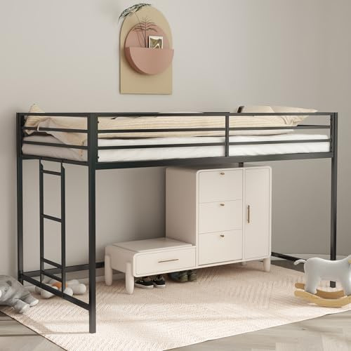 Twin Size Low Loft Bed for Kids,Metal Loft Bed Frame for Boys Girls,Kids Loft Bed Twin Size,Junior Low Loft Bed, Black
