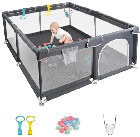 CHOLY Baby Playpen for Babies and Toddlers, Durable Play Pen with Visible Breathable Mesh, Foam Protection, Easy to Assemble Infant Fence -128 ×128cm (Dark Grey, 128 x 128cm)