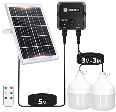 Aigostar- Luz Solar Exterior con Sensor 70W, Lámpara Solar Exterior con Mando a Distancia y Caja de Almacenamiento de Energía, Cable de 11M, IP65 Impermeable, para Interior, Jardín, Camping, Pesca