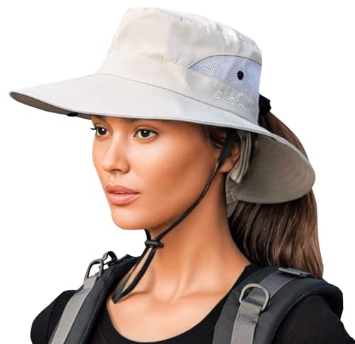 Feelorna Cappello da sole da donna, protezione UV, pieghevole, a tesa larga, con foro per coda di cavallo, sottogola impermeabile, per attività all'aperto, beige., Taglia unica