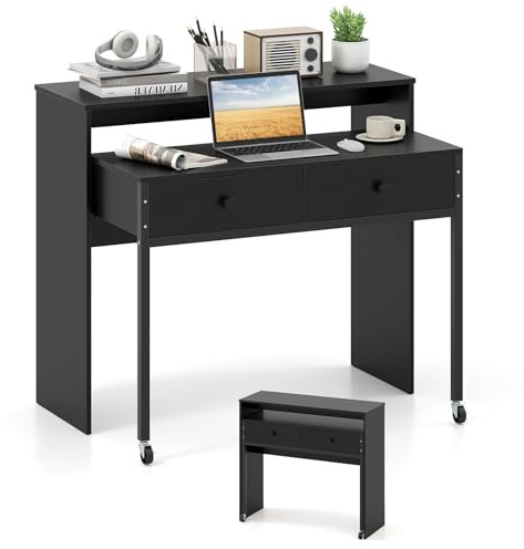 COSTWAY utdragbart skrivbord, litet datorbord med 2 lådor och rullar, kontorsbord med metallram, arbetsbord, PC-bord för hem, kontor, 100 x 63 x 88 cm (svart)