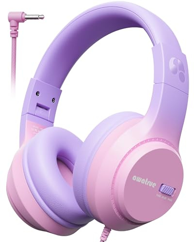 awatrue Cuffie per Bambini con Cavo, Limitazione del Volume 74/85/94 dB Cuffie per Bambini, Jack da 3,5 mm, Design Pieghevole, Cuffie On-ear per Ipad, Tablet, Scuola, Viaggio (Rosa Viola)