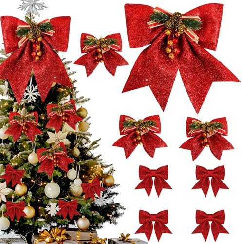 Vibbang 8 Pcs Red Bows for Christmas Tree Topper, Glitter Large Christmas Tree Bows, Red Topper Bow, Glitter Velvet Bow, Xmas Tree Decorations for Xmas Wreaths Outdoor Indoor Decor