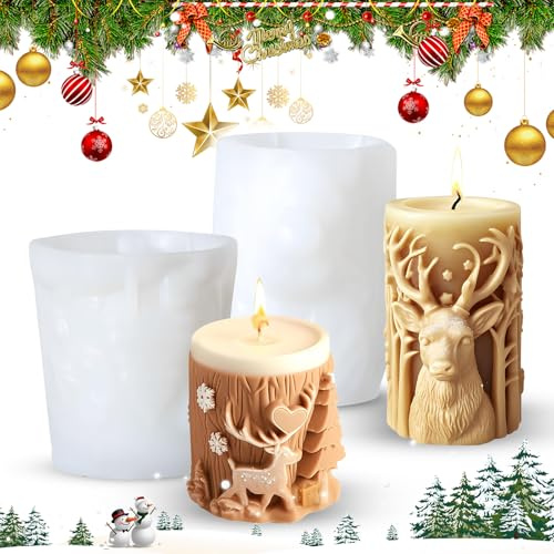 Tadpolez Lot de 2 Moules en Silicone Gaufrés en Forme de Cerf de Noël - Pour Bougies à Couler, Résine Époxy et Savon,Décoration de Noël, Fournitures d’Artisanat Festif