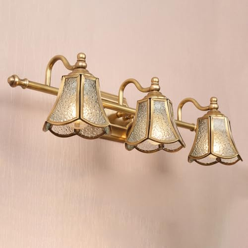 YFMYY Badrumslampa med 3 ljuskällor över spegel, modern badrumslampa i borstad mässing med glasskärm, vägglampa i europeisk stil i vintage-guld för sovrum, vardagsrum, hall, veranda