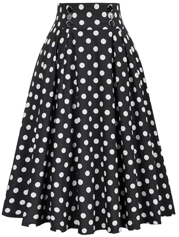 Gonna midi da donna a pois, stile vintage anni '50, gonna a pieghe in vita elasticizzata, rockabilly, elegante gonna per feste di carnevale, Halloween, carnevale e feste