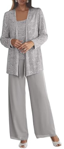Silver 3 Pieces Lace Mother of The Bride Pantsuits Mother of The Groom Pant Suits Chiffon Grandmother of The Bride Outfit Size 16