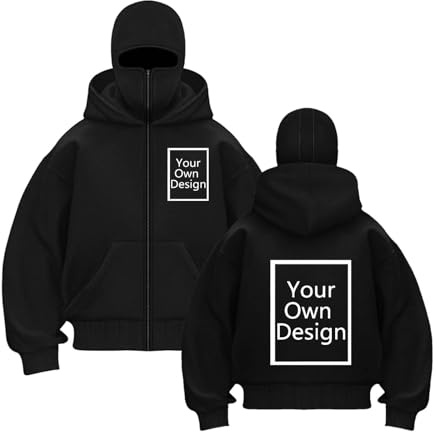 Générique Sweat a Capuche Homme Personnalisable Balaclava Hoodie Zippé Sweats Personnalisé Veste avec Masque Imprimé Vetement avec Photo Pull Custom Haut Respirant Sport Habit Streetwear