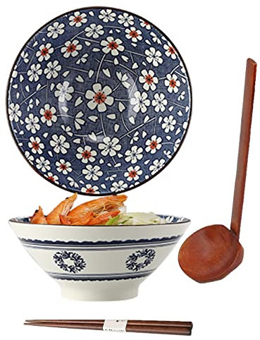 ZPPLD 1100ml Tazón Cerámica Ramen,Cuenco Japonés Cerámica Ramen,Ensaladera Cerámican,Ramen Bowl con cuchara Palillos,Tazones sopa Porcelana,Apto para lavavajillas y microondas (E)