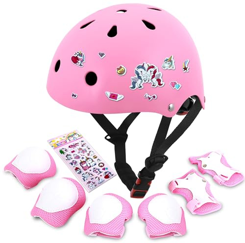 DINILEMU Kids Bike Helmet with DIY Stickers and Knee Pads Elbow Pads Wrist Guard Set for Ages 3-5-8 Toddler Boys Girls Helmet for Roller Skates Cycling Skateboarding Bicycle Scooter-Pink