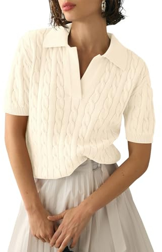 Imily Bela Women's Cable Short Sleeve Sweaters Tops Solid Lapel V Neck Knit Casual Soft Pullover Shirt Beige