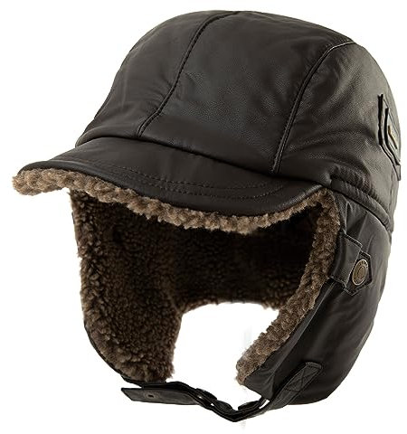 Comhats Warme Trappermütze Herren Wintermütze Kunstleder Hut Unisex Fliegermütze Fellmütze 99708_Kaffeebraun M