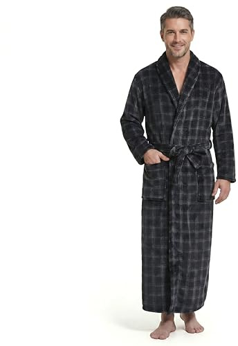 FG FEAYIGUDIM Bata de baño de forro polar para hombre de longitud completa, talla grande y alta, a cuadros (azul marino, S/M), Negro y gris., 5XL-6XL Grande Alto
