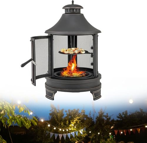 WEIMILOR Foyer d'extérieur à Bois de 30 Pouces avec Grille de Cuisson et Bol à feu de tisonnier, Foyer d'extérieur 2 en 1 avec Gril, poêle à Bois en Fonte, Foyer de terrasse pour Jardin