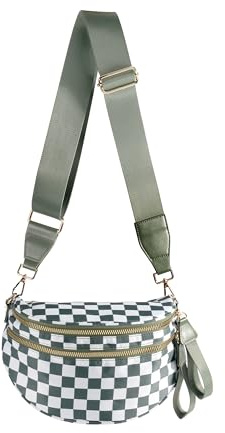 Spacious Checkered Nylon Crossbody Bag Bum Bag Checkered Handbags Wallets for Women (Beans green checkered)