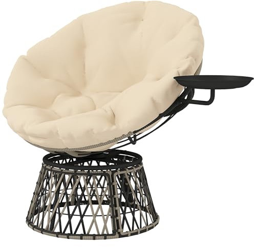 Outsunny Papasansessel Rattan 360° drehbar Korbsessel mit Kissen Durchmesser 90 cm runder Outdoor Rattansessel Drehsessel Loungesessel Liegesessel für Wohnzimmer Garten Balkon Beige