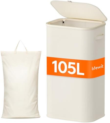 Lifewit Cesto Portabiancheria, Cesta Panni Sporchi con coperchio, Laundry Basket con Plastica Manici, Porta Biancheria Sporca per Bagno, Lavanderia, Camera da Letto, 105 L, Bianco