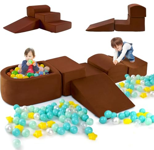 COSTWAY 5PCS Parcours Motricité Bébé en Mousse avec Piscine à Balles, Module Motricité Bébé avec Housse Lavable & Amovible, Jouets Éducatifs pour Ramper pour Enfants d'Âge Préscolaire, sans Balles