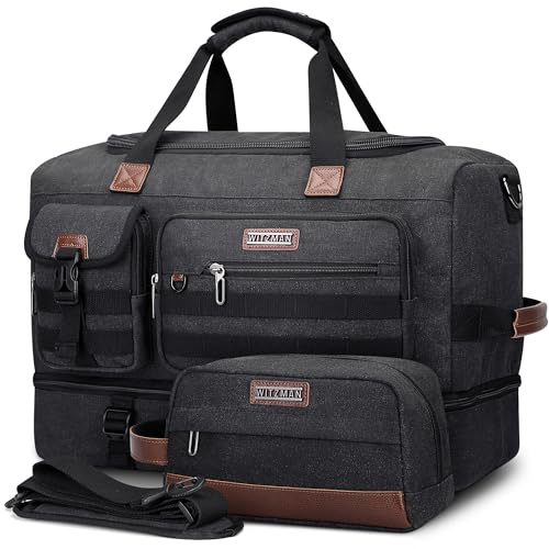 WITZMAN Canvas Reisetasche Herren Weekender Duffle Bag Herren Groß 45L mit Kulturbeutel-Sets Sporttasche mit Schuhfach（A8010/2 Schwarz