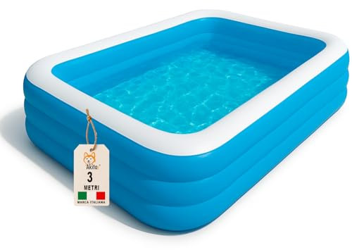 Akitaink Piscina Gonfiabile per adulti e bambini Family 305x183x56 cm | PVC Resistente, 3 Anelli Tubi, Azzurro Bianco, Per Bambini dai 6 Anni