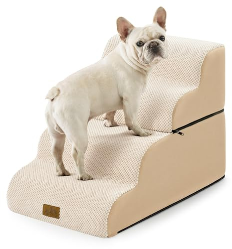COZY KISS Detachable Dog Stairs for Small Dog, 4 Step Curved Dogs Step for Puppy or Older Cat, Ramp for Bed, Sofa, Couch or Chair, Ladder with High Density Foam, 15.7x28.3x19.7 inch, Beige