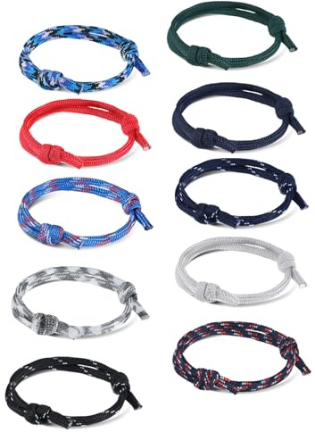 Quilax Lot de 10 Bracelets Paracorde, Bracelets pour Garçon, Bon Bracelet, Bracelets d'Amitié pour Amis, Bracelet Surfeur Réglable pour Hommes, Cadeau pour Hommes, Filles, Garçons, Cadeau de Fin