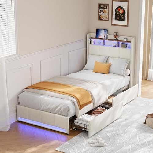 TIMORWTF Lit Coffre 90x200 avec Sommier LED et USB Type C,Lit Enfant avec 2 Tiroirs Rangement et Tête de lit rembourrée,Cadre de lit 1 Place 90x200,Lin Beige, sans Matelas