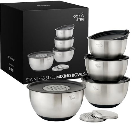 OS Oak & Steel ENGLAND Juego de 4 Cuencos para Mezclar de Acero Inoxidable con Base Antideslizante, Ensaladera (4,5 l, 3,5 l, 2,5 l, 1,5 l), 4 Tapas Herméticas y 3 Ralladores Ajustables