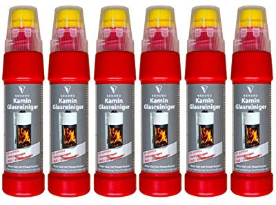 Sendeo Gel actif pour vitres de poêle et de cheminée | Gel actif puissant contre les saletés les plus tenaces comme la suie et les brûlures | Très économique avec brosse intégrée (6 x 200 ml)
