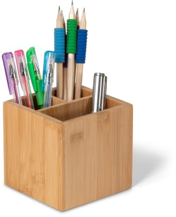 OSCO Bamboo Square Pen Pot with 3 Compartments, Natural Sustainable MOSO Desk Organiser and Makeup Brush Holder, Wood Pencil Cup for Office, Home or Vanity, H10 × W10.5 × D10.5 cm