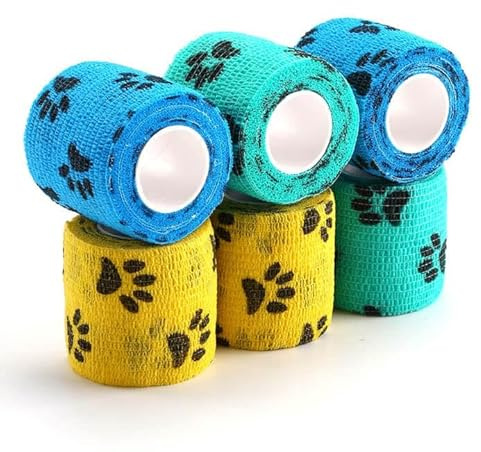 WePet Pet Wrap, Self-Adhesive, Only Sticks to Itself, Non-Woven Tape for Dog Legs, Paws, Wounds, First Aid Cohesive Gauze for Horse, Cat, Bird, Animal, 6 Rolls, 2 Inch, Pawprints A