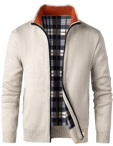 KTWOLEN Herren Strickjacke Cardigan Fleece-gefüttert Strickjacken Sweatjacke Langarm Winterjacke, C-Beige, XXL