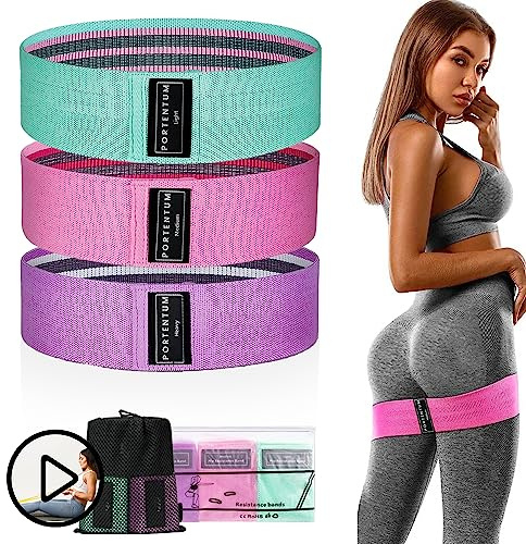 PORTENTUM Elastic Bodybuilding Bands, Set med 3 Elastic Band Fitness Halkskydd Tyg. 3 Nivåer Motstånd för Crossfit, Yoga, Gluteum och andra sporter och förvaringsväska