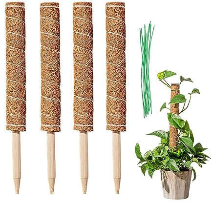 LINSOCLE 4 Pezzi Tutore Muschiato per Monstera, Tutore Piante, Bastone per Piante Rampicanti, Totem Pole di Cocco, Bastone Fibra di Cocco per Estensione Supporto Piante Rampicanti (40CM)
