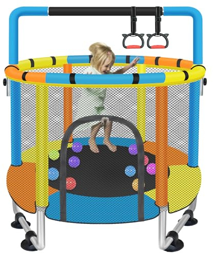 Toddler Trampoline for Kids Ages 1-8, 55'' Small Trampoline with Safety Enclosure Net & Adjustable Gymnastics Bar, Indoor & Outdoor Baby Mini Trampolines, Birthday Gifts for Children & Boys & Girls