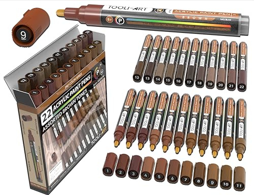 TOOLI-ART 22 akrylfärgmarkörer färgpennor pro färgserie set 3 mm medium spets för stenmålning, glas, muggar, trä, metall, glasfärg, duk, gör-det-själv. Giftfri, vattenbaserad, snabbtorkande (BROWN)