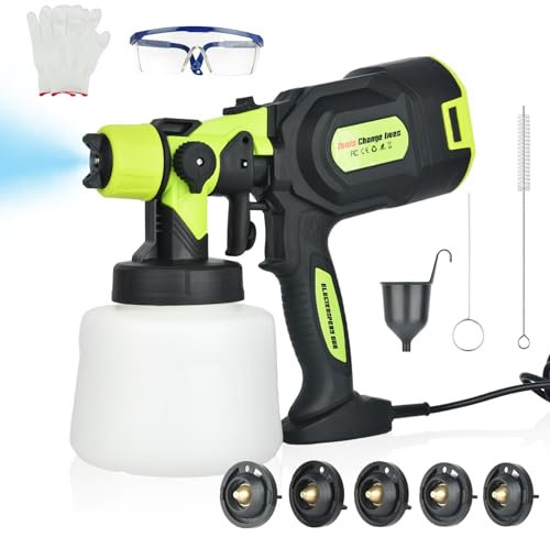 Pistolet a Peinture 800W 1400ml avec raccords de Nettoyage et de soufflage, 5 Buses en cuivre et 3 Motifs, réservoir de 1400 ML, pour l'intérieur et l'extérieur, Clôtures, Plafonds, Armoires(Vert)