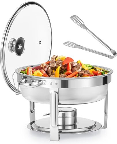 WILPREP Lot de 1 Buffet Chauffant Rond Chafing Dish Rond 5,5L Chauffe Plat à Combustible en Acier Inoxydable Alimentaire avec Couvercle en Verre pour les Fêtes Buffets Banquets Dîners