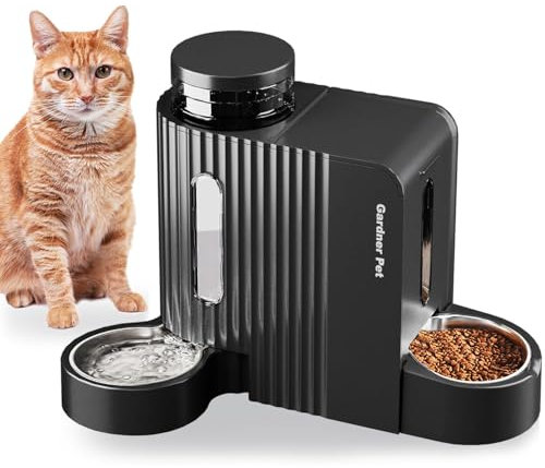 Gardner Pet 2 in 1 Distributore Automatico Cibo e Acqua Gatti (3L*2), Distributore Automatico Cibo Gatti con Ciotola in Acciaio Inox, GravitÀ Dispenser Crocchette Gatto, Senza BPA, Nero
