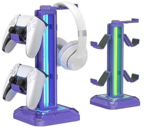 KDD Soporte Auriculares con 9 Modos de Luz Soporte Mando para Escritorio, Soporte Cascos Gaming Giratorio y Gancho Controlador de Juegos Desmontable para PC Xbox ONE PS5 Accesorios Gaming(Violeta)
