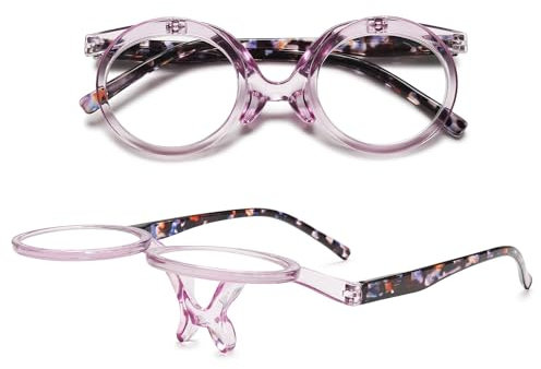 VEVESMUNDO Flip Up Lesebrille Runde Schminkbrille Auf und Bb Klappen Brillen mit klappbaren Glaesern +1.0,+1.5,+2.0,+2.5,+3.0,+3.5,+4.0 (1 Stück Lila, +3.5)