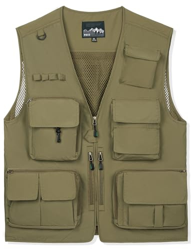 Wirltte Mens Vests Cargo Outdoor Work Safari Hunting Fishing Travel Photo Mesh Waistcoat Vest Gilet Multi Pockets Khaki M