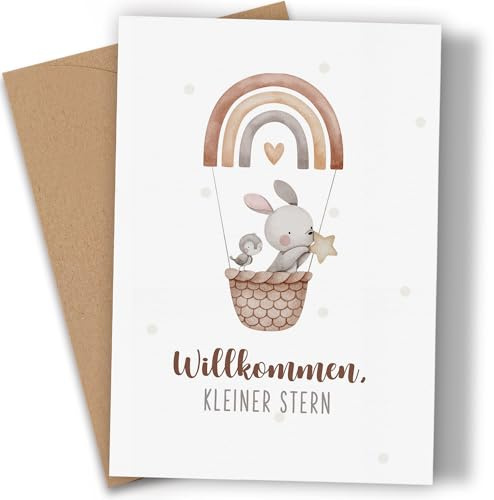 Premium Karte zur Geburt - Geburtskarte Mädchen & Junge - schöne Baby Karte mit Umschlag aus Kraftpapier - Glückwunschkarte Geburt Willkommen kleiner Stern Hase Karten zur Geburt Klappkarte (A6)